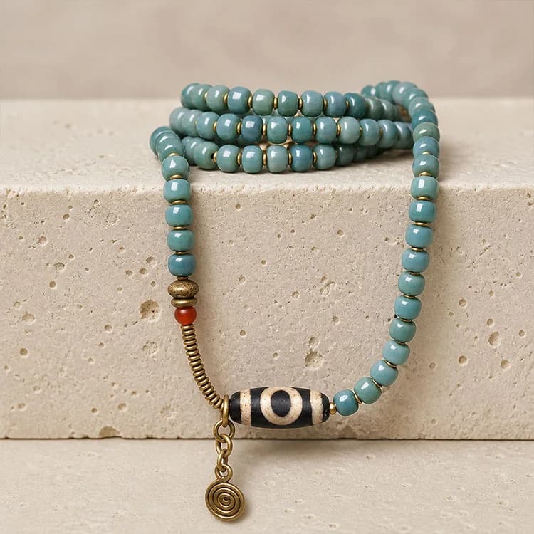Original Folk-Inspired Vintage Bodhi Root & Dzi Bead Necklace