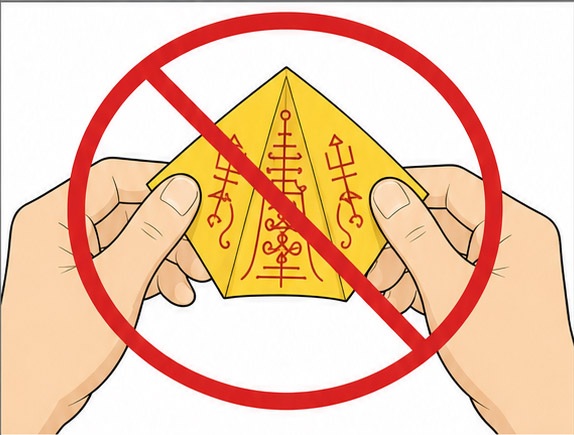 A warning illustration showing that the folded talisman should not be opened