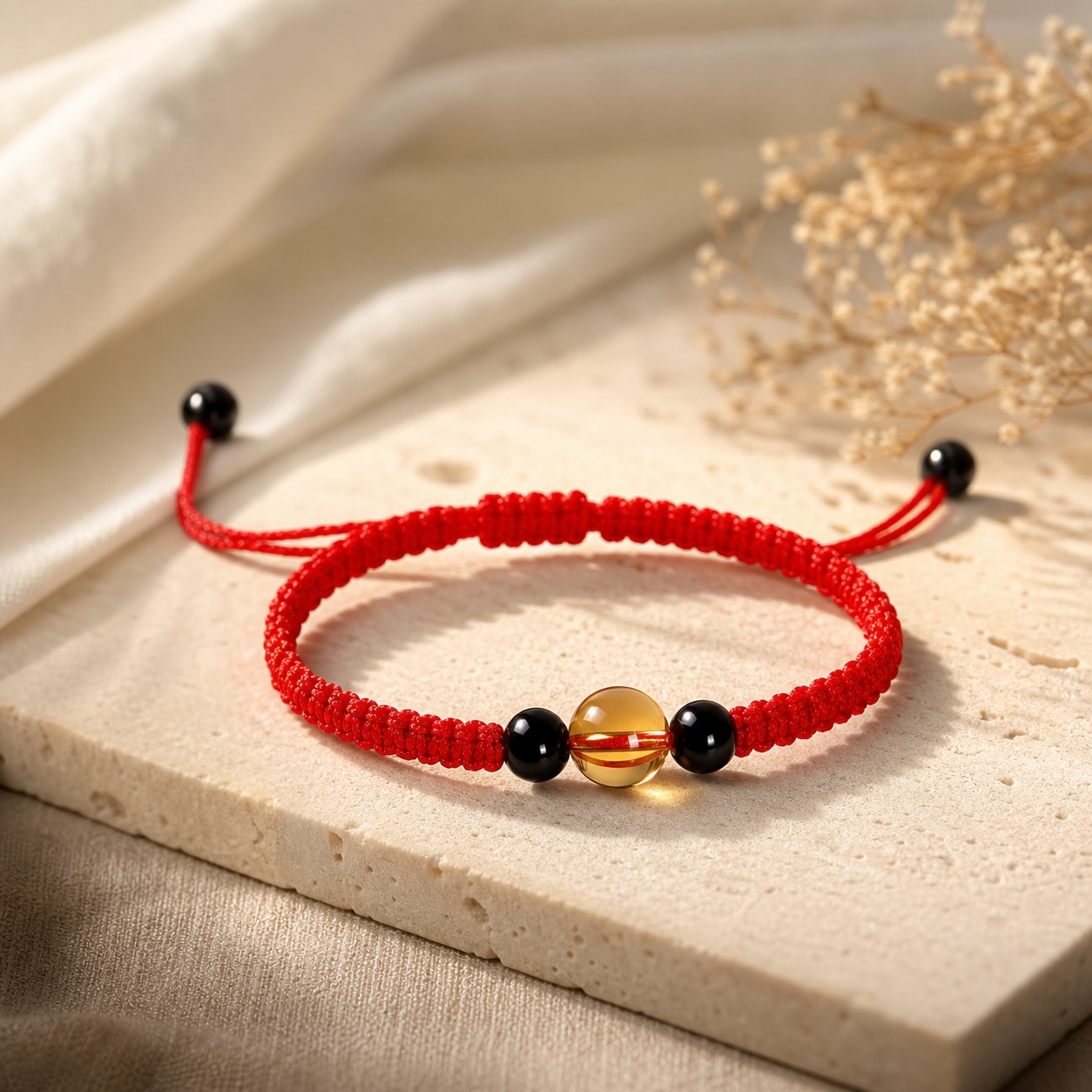 Citrine, Obsidian, and Lucky Knot Bead Bracelet