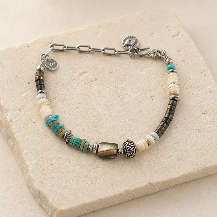 Multi-Color Vintage Handcrafted Bead Bracelet - Shell, Turquoise, and Tiger Eye image 1